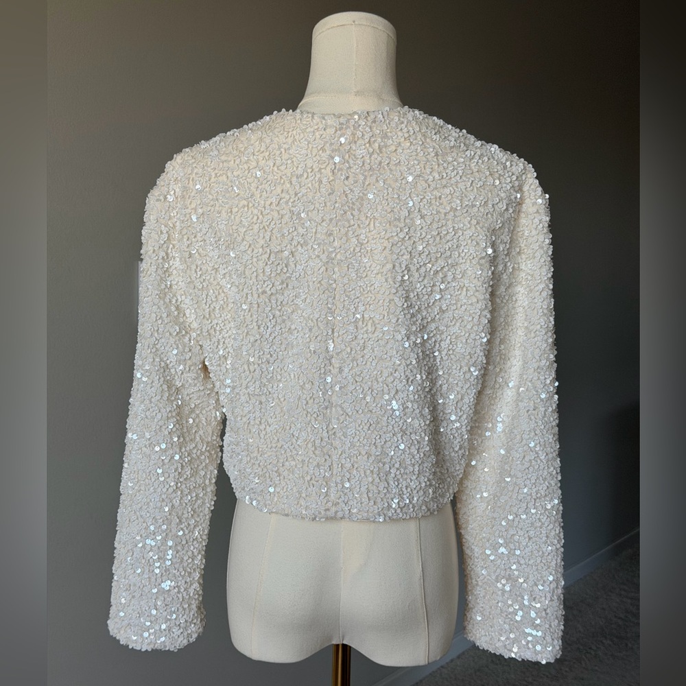 H&M Ivory Sparkling Sequin Tie Front Jacket with Black Bows-S - Picture 6 of 16
